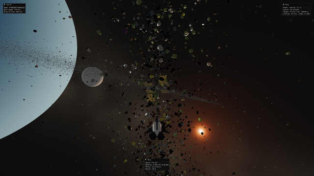 A different ship heads down the asteroid belt past the moon.