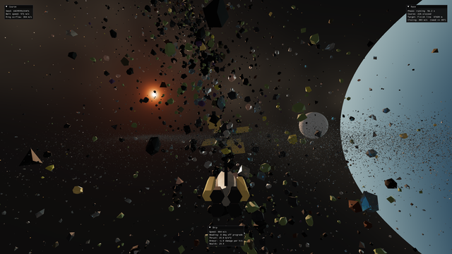The ship flies into the asteroid belt with the sunlit planet to the right.