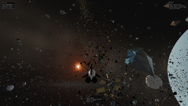 A large shattered ice chunk drifts beside the ship mid-run.