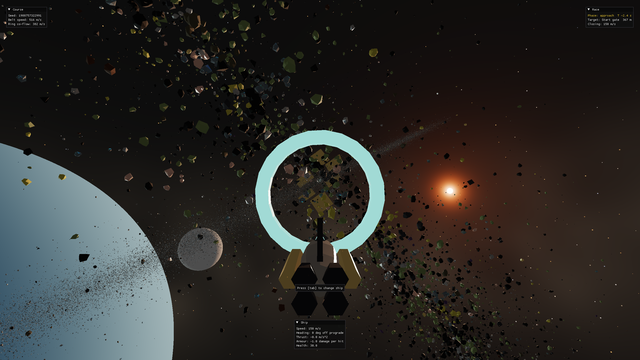 The ship waits behind the start gate, with the ringed planet to the left and the sun ahead.